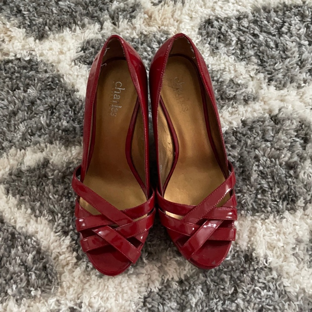 Charles David Red patent wedge shoes
